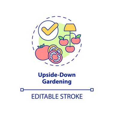 Baş aşağı bahçıvanlık konsepti ikonu. Domates yetiştiriyorum. Bahçıvanlık metodu soyut fikir ince çizgi çizimi. İzole bir taslak çizim. Düzenlenebilir felç. Arial, Myriad Pro-Kalın yazı tipleri