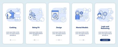Mobil uygulama ekranında yaşam becerileri açık mavi. Doğrusal kavramlarla düzenlenebilir grafik yönergelerinin 5 adımını geçebilme yeteneği. UI, UX, GUI şablonu. Kullanılan sayısız Pro-Kalın, Düzenli yazı tipleri