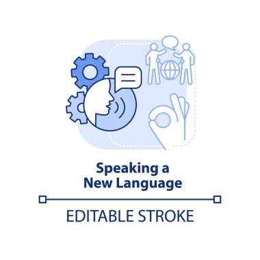 Yeni bir dil konuşmak açık mavi konsept simgesi. Kişisel gelişim soyut fikir ince çizgi çizimi. Yabancı dil. İzole bir taslak çizim. Düzenlenebilir felç. Arial, Myriad Pro-Kalın yazı tipleri