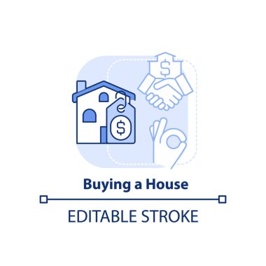 Açık mavi konsept ikonu alıyorum. Yaşam becerisi soyut fikir ince çizgi çizimi. İlk defa ev satın alma işlemi. İzole bir taslak çizim. Düzenlenebilir felç. Arial, Myriad Pro-Kalın yazı tipleri