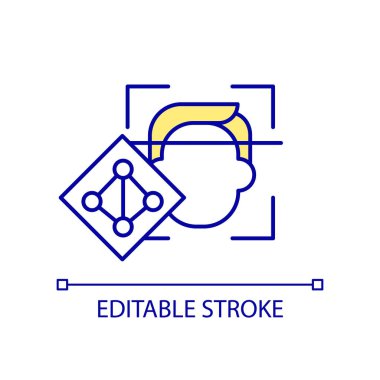 Yüz tanıma teknolojisi RGB renk simgesi. İnsan yüzü tanımlanıyor. Derin öğrenme. Kimlik doğrulaması. İzole vektör çizimi. Basit bir çizgi çizimi. Düzenlenebilir felç. Kullanılan Arial yazı tipi