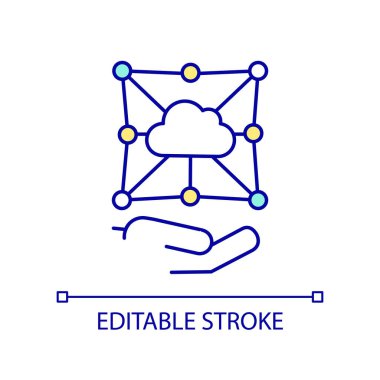 Bulut ağ RGB renk simgesi. İnternet üzerinden erişim. Merkezi sunucu kaynağı. Bulut hesaplama. İzole vektör çizimi. Basit bir çizgi çizimi. Düzenlenebilir felç. Kullanılan Arial yazı tipi