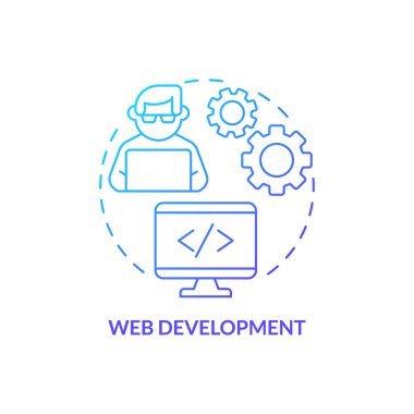 Web geliştirme mavi gradyan konsept simgesi. Soyut fikirleri, ince çizgi çizimlerini öğrenme becerisi. Yazılım geliştiricisi. Bilgisayar programlama. İzole bir taslak çizim. Kullanılan sayısız Pro-Kalın yazı tipi