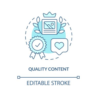 Kaliteli içerik turkuaz konsept simgesi. Harika bir web sitesinde soyut fikir ince çizgi çizimi var. İyi bir kullanıcı deneyimi. İzole bir taslak çizim. Düzenlenebilir felç. Arial, Myriad Pro-Kalın yazı tipleri