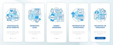 Mobil uygulama ekranında mavi web siteleri sınıflandırması. Doğrusal kavramlarla düzenlenebilir grafik yönergelerini 5 adımda gezdir. UI, UX, GUI şablonu. Kullanılan sayısız Pro-Kalın, Düzenli yazı tipleri