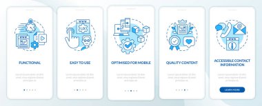 Mobil uygulama ekranında mavi web sitesinde önemli şeyler var. Doğrusal kavramlarla düzenlenebilir grafik yönergelerini 5 adımda gezdir. UI, UX, GUI şablonu. Kullanılan sayısız Pro-Kalın, Düzenli yazı tipleri