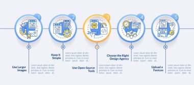 Profesyonel görünümlü web sitesi tasarım dairesi bilgi şablonu. Veri görselleştirmesi 5 adımda. Düzenlenebilir zaman çizelgesi. Satır simgeleriyle çalışma akışı düzeni. Kullanılan Lato Kalın, Düzenli yazı tipleri