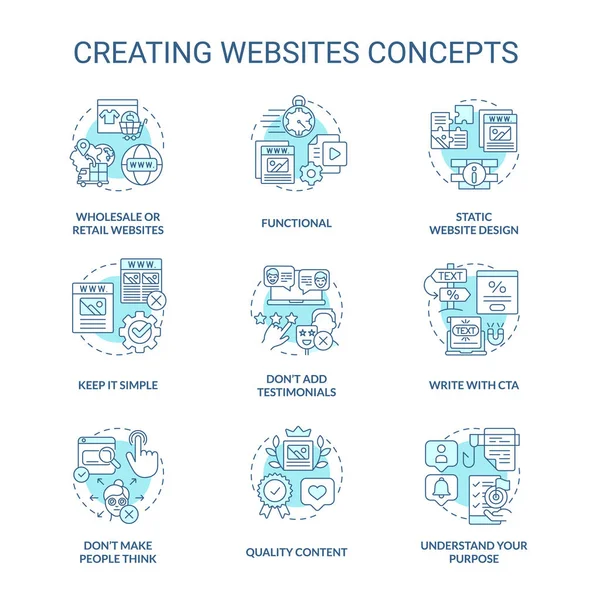 Creación Sitios Web Conjunto Iconos Concepto Turquesa Aprender Ideas Desarrollo — Vector de stock