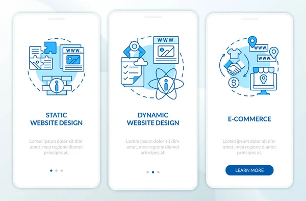 Web Designing Kinds Blue Onboarding Mobile App Screen Commerce Walkthrough — Stock vektor