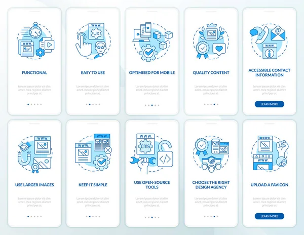 Macht Website Effektiv Blue Onboarding Mobile App Bildschirm Eingestellt Schritten — Stockvektor