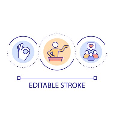 İyi bir hoparlör döngü konsepti ikonu ol. Dinleyicilerle bağlantı soyut fikir ince çizgi illüstrasyonu. Seyirci önünde güçlü bir konuşma. İzole bir taslak çizim. Düzenlenebilir felç. Kullanılan Arial yazı tipi