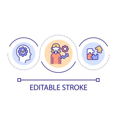 Gelişme zihniyeti döngü konsepti ikonu geliştiriliyor. Deneyimli, soyut ve ince çizgi çizimi olan bir karakter oluştur. Sağlıklı beyin gelişimi. İzole bir taslak çizim. Düzenlenebilir felç. Kullanılan Arial yazı tipi