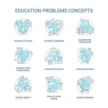 Eğitim problemi turkuaz konsept simgeleri ayarlandı. Öğrenci sorunları. Eğitim ince çizgi renk çizimleri fikrine meydan okuyor. İzole semboller. Düzenlenebilir felç. Kullanılan Roboto-Orta, Myriad Pro-Kalın yazı tipleri