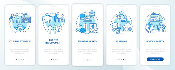 Проблемы в государственных школах синий экран бортового мобильного приложения. Пройдите 5 шагов редактируемых графических инструкций с линейными концепциями. UI, UX, GUI искушают. Myriad Pro-Bold, используемая технология