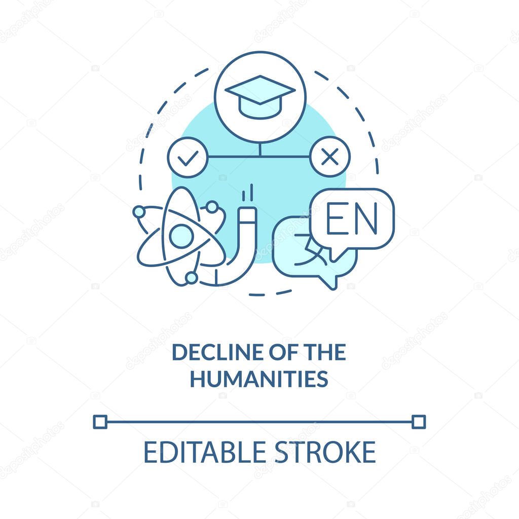 Decline of humanities turquoise concept icon. Issue in higher education abstract idea thin line illustration. Isolated outline drawing. Editable stroke. Arial, Myriad Pro-Bold fonts used