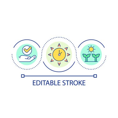 Bitkilerin döngü ikonu için güneşli saatler. Daha iyi büyümek için güneş ışığı. Bahçıvanlık ve soyut fikirler ince çizgi çizimi. İzole bir taslak çizim. Düzenlenebilir felç. Kullanılan Arial yazı tipi