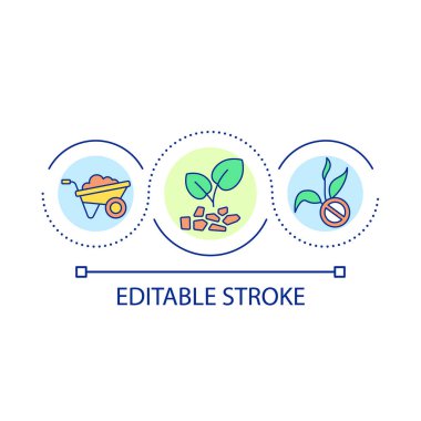 Malç takviye döngüsü konsepti simgesi. Tohumları korumak için toprağı kaplayın. Bahçıvanlık tavsiyesi soyut fikir ince çizgi çizimi. İzole bir taslak çizim. Düzenlenebilir felç. Kullanılan Arial yazı tipi