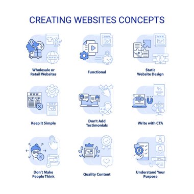Açık mavi konsept simgeleri oluşturuluyor. Web geliştirme fikrini öğrenin ince çizgi renk çizimleri. CTA ile yaz. İzole semboller. Düzenlenebilir felç. Kullanılan Roboto-Orta, Myriad Pro-Kalın yazı tipleri