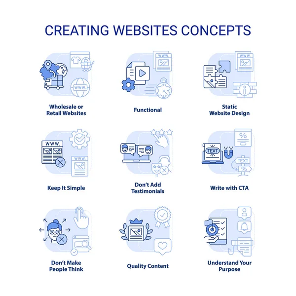 Creación Sitios Web Conjunto Iconos Concepto Azul Claro Aprender Ideas — Vector de stock