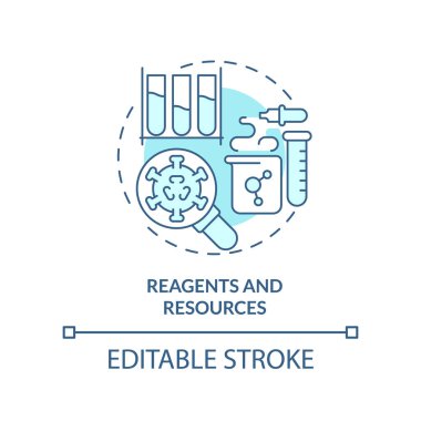 Reaksiyonlar ve kaynak türkuaz konsept simgesi. Salgın hastalığa hazırlık klinik öncesi çalışma soyut fikir ince çizgi çizimi. İzole bir taslak çizim. Düzenlenebilir felç. Arial, Myriad Pro-Kalın yazı tipleri