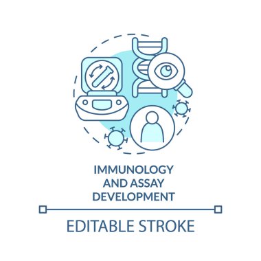 Bağışıklık bilimi ve test geliştirme turkuaz konsept ikonu. Salgın öncesi klinik çalışmalar soyut fikir ince çizgi çizimi. İzole bir taslak çizim. Düzenlenebilir felç. Arial, Myriad Pro-Kalın yazı tipleri