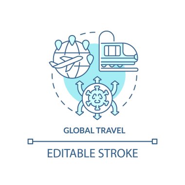 Küresel seyahat turkuaz konsept simgesi. Salgın hastalık riskinin artmasının nedeni soyut fikirlerin ince çizgi çizimi. İzole bir taslak çizim. Düzenlenebilir felç. Arial, Myriad Pro-Kalın yazı tipleri