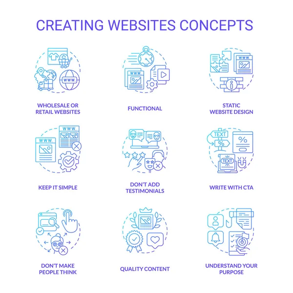 Creating Websites Blue Gradient Concept Icons Set Learning Web Development — Vector de stock