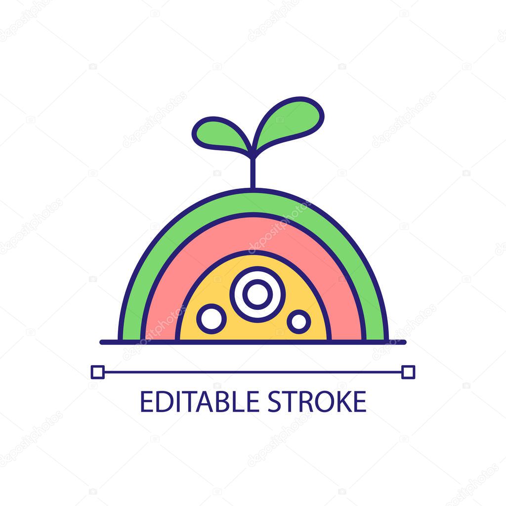 Hugelkultur RGB color icon. Horticulture method. Ecosystem. Layers of compost. Horticultural practice. Isolated vector illustration. Simple filled line drawing. Editable stroke. Arial font used