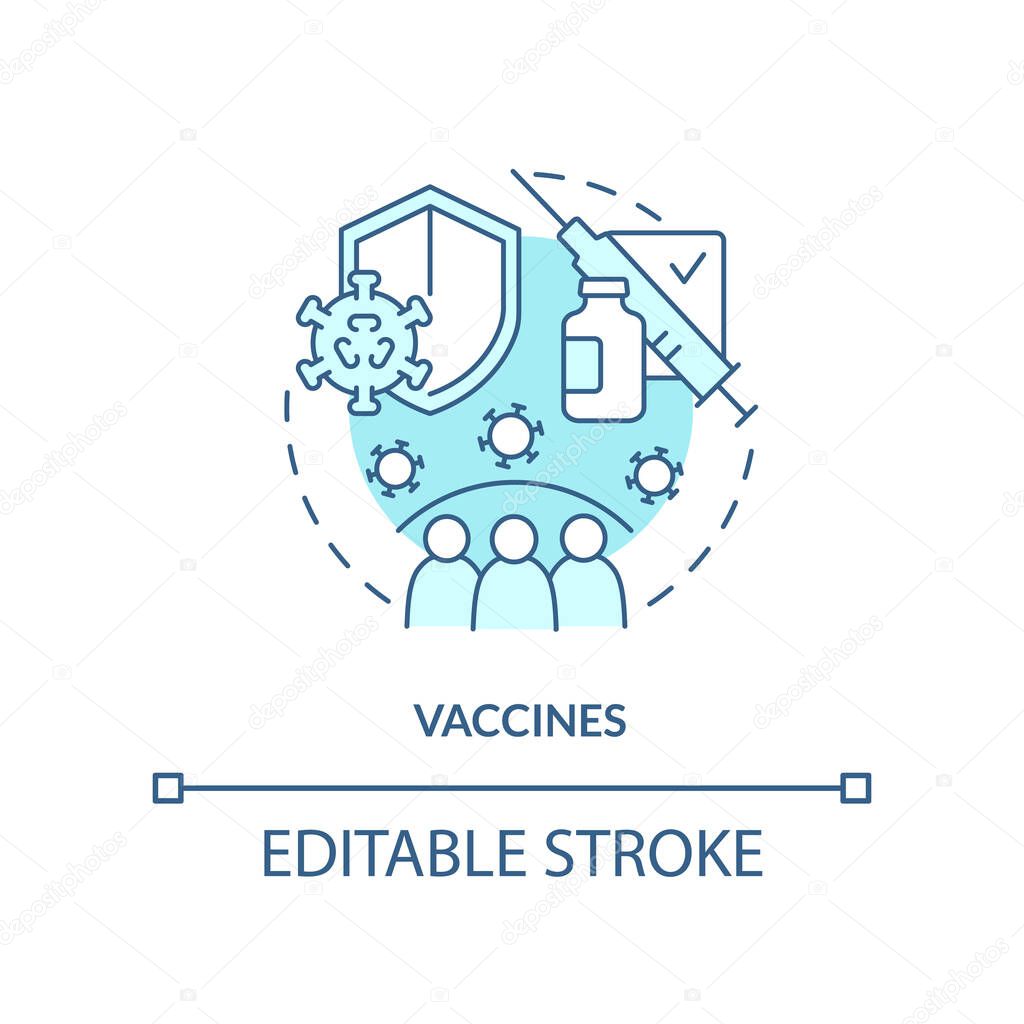 Vaccines turquoise concept icon. Pandemic preparedness clinical research abstract idea thin line illustration. Isolated outline drawing. Editable stroke. Arial, Myriad Pro-Bold fonts used