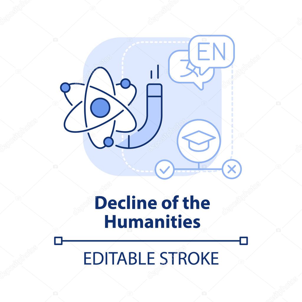 Decline of humanities light blue concept icon. Issue in higher education abstract idea thin line illustration. Isolated outline drawing. Editable stroke. Arial, Myriad Pro-Bold fonts used