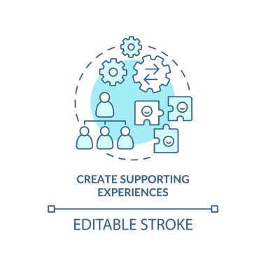Turkuaz konsept simgesi destekleyici deneyimler oluştur. Aşırı kalabalık, soyut ve ince çizgili çizgilerle uğraşıyoruz. İzole bir taslak çizim. Düzenlenebilir felç. Arial, Myriad Pro-Kalın yazı tipleri