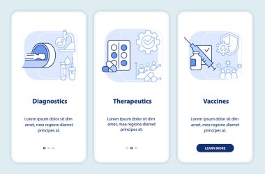 Pandemic clinical research light blue onboarding mobile app screen. Walkthrough 3 steps editable graphic instructions with linear concepts. UI, UX, GUI template. Myriad Pro-Bold, Regular fonts used
