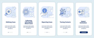 Hastalık izleme, seyyar uygulama ekranında açık mavi basamaklar. Doğrusal kavramlarla düzenlenebilir grafik yönergelerini 5 adımda gezdir. UI, UX, GUI şablonu. Kullanılan sayısız Pro-Kalın, Düzenli yazı tipleri