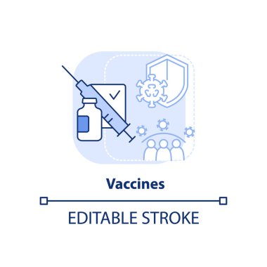 Aşılar açık mavi konsept ikonu. Salgın hastalığa hazırlık klinik araştırma fikri soyut ince çizgi çizimi. İzole bir taslak çizim. Düzenlenebilir felç. Arial, Myriad Pro-Kalın yazı tipleri