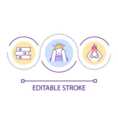 Materyal döngü konsepti simgesini öğrenmek zor. Muayeneye hazırlanıyorum. Stres ve tükenmiş soyut fikir ince çizgi çizimi. İzole bir taslak çizim. Düzenlenebilir felç. Kullanılan Arial yazı tipi