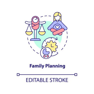 Aile planlama ikonu. Doğum kontrol hapı. Aşırı nüfus fazlalığı fikri ince çizgi çizimine çözüm. İzole bir taslak çizim. Düzenlenebilir felç. Arial, Myriad Pro-Kalın yazı tipleri
