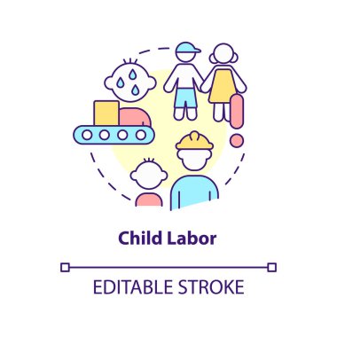 Çocuk işçi konsepti ikonu. Yoksulluk ve eğitim eksikliği. Aşırı nüfus artışının nedeni soyut fikir ince çizgi çizimi. İzole bir taslak çizim. Düzenlenebilir felç. Arial, Myriad Pro-Kalın yazı tipleri