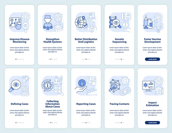 Hastalık izleme açık mavi seyyar uygulama ekran seti. Doğrusal kavramlarla düzenlenebilir grafik yönergelerini 5 adımda gezdir. UI, UX, GUI şablonu. Kullanılan sayısız Pro-Kalın, Düzenli yazı tipleri