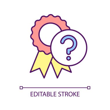 Şüpheli kalite RGB renk simgesi. Kayıp rozet ve ödül. Şüphe uyandıran bir ödül. Soru işareti. İzole vektör çizimi. Basit bir çizgi çizimi. Düzenlenebilir felç. Kullanılan Arial yazı tipi