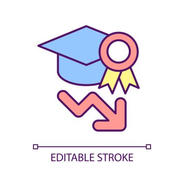 Eğitim kalitesi RGB renk simgesini düşürüyor. Kalitesiz çalışma. Öğrenme problemi. Mükemmellik rozeti. İzole vektör çizimi. Basit bir çizgi çizimi. Düzenlenebilir felç. Kullanılan Arial yazı tipi