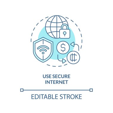 Güvenli internet turkuaz konsept simgesi kullan. Halka açık ağlar. Kripto cüzdan güvenliği soyut fikir ince çizgi çizimi. İzole bir taslak çizim. Düzenlenebilir felç. Arial, Myriad Pro-Kalın yazı tipleri