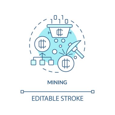 Mining turquoise concept icon. Blockchain technology. Way to make money on crypto abstract idea thin line illustration. Isolated outline drawing. Editable stroke. Arial, Myriad Pro-Bold fonts used