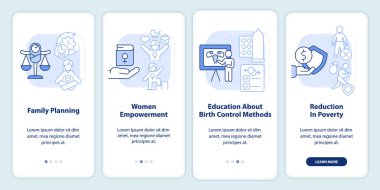Solutions to overpopulation light blue onboarding mobile app screen. Walkthrough 4 steps editable graphic instructions with linear concepts. UI, UX, GUI template. Myriad Pro-Bold, Regular fonts used