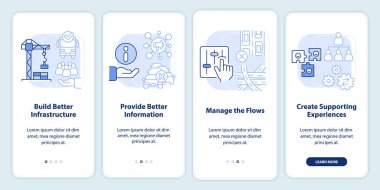 Reduction of overcrowding light blue onboarding mobile app screen. Walkthrough 4 steps editable graphic instructions with linear concepts. UI, UX, GUI template. Myriad Pro-Bold, Regular fonts used
