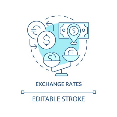 Exchange rates turquoise concept icon. Foreign currency exchange. Inflation cause abstract idea thin line illustration. Isolated outline drawing. Editable stroke. Arial, Myriad Pro-Bold fonts used