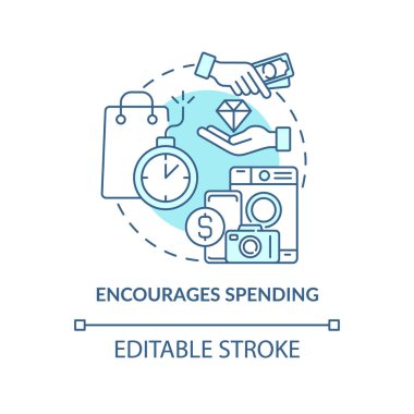 Turkuaz konsept ikonu harcamayı teşvik eder. Malları stokla. Enflasyon etkisi soyut fikir ince çizgi çizimi. İzole bir taslak çizim. Düzenlenebilir felç. Arial, Myriad Pro-Kalın yazı tipleri
