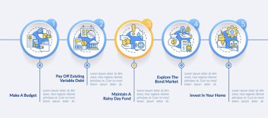 Enflasyon çemberi bilgi şablonu sırasında parayı korumak. Veri görselleştirmesi 5 adımda. Düzenlenebilir zaman çizelgesi. Satır simgeleriyle çalışma akışı düzeni. Kullanılan Lato Kalın, Düzenli yazı tipleri