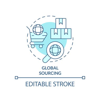 Küresel kaynak turkuaz konsept simgesi. Tedarik stratejisi soyut fikir ince çizgi çizimi. Yabancı üretici. İzole bir taslak çizim. Düzenlenebilir felç. Arial, Myriad Pro-Kalın yazı tipleri