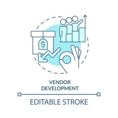 Satıcı geliştirme turkuaz konsept simgesi. Strateji oluşturma soyut fikir ince çizgi çizimi. Tedarik zincirini yönet. İzole bir taslak çizim. Düzenlenebilir felç. Arial, Myriad Pro-Kalın yazı tipleri