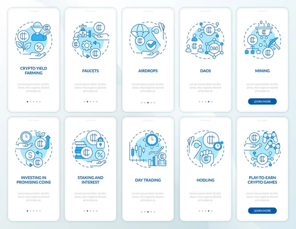Mobil uygulama ekranında kripto mavisi ile para kazanıyorum. Doğrusal kavramlarla düzenlenebilir grafik yönergelerini 5 adımda gezdir. UI, UX, GUI şablonu. Kullanılan sayısız Pro-Kalın, Düzenli yazı tipleri